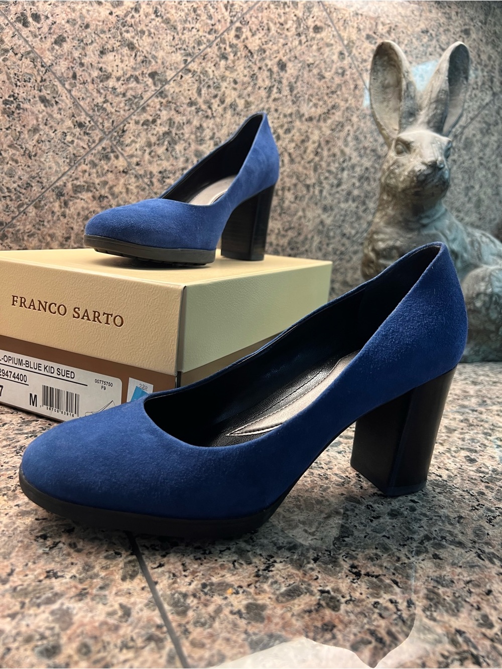 Franco Sarto Blue Suede Block Rounded Toe Heel Pumps